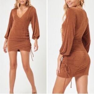 L*Space Melissa Ruched V-Neck Mini Dress‎ Bronze Sexy Club Going Out Size Small